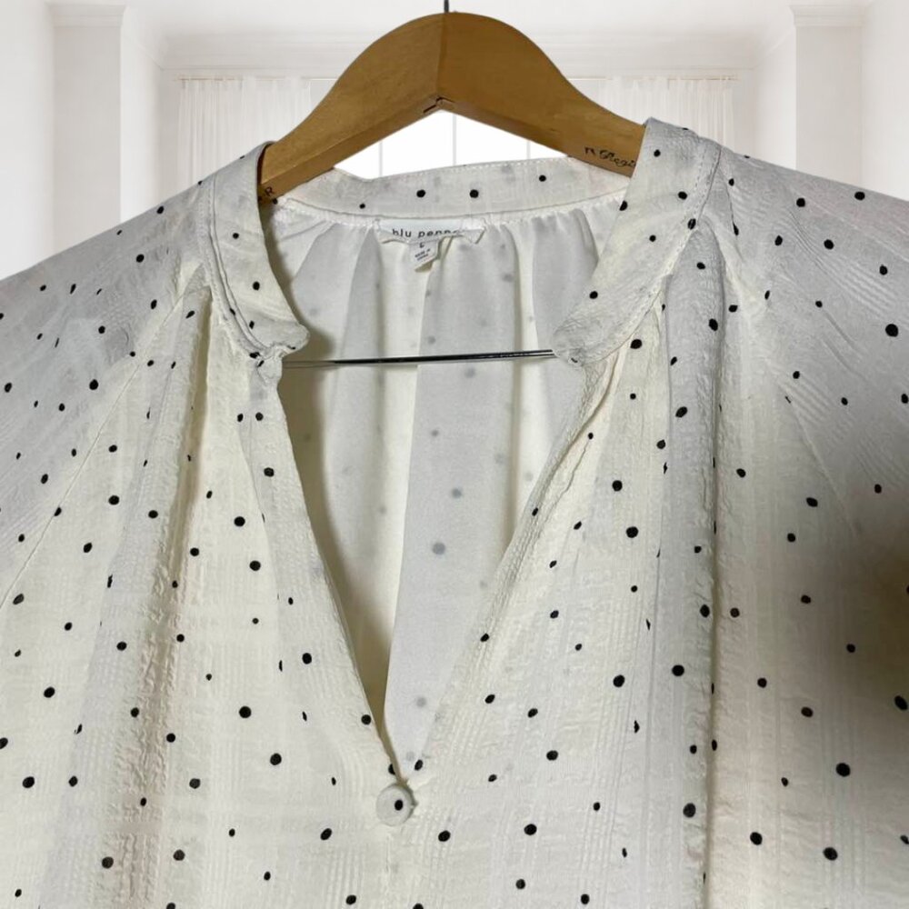 Blu Pepper Bubble Hem Blouse Balloon Sleeve Polka Dot Romantic Large - Picture 7 of 14